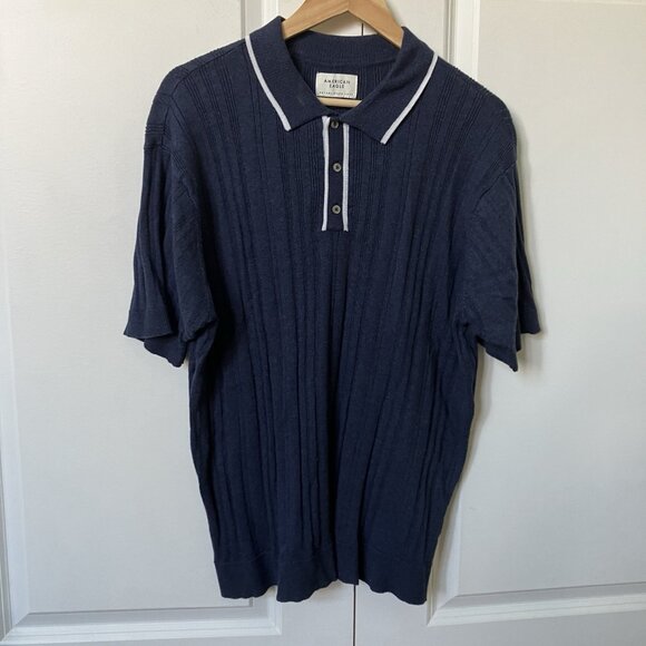 American Eagle Weekend Tipped Sweater Polo Shirt Mens L Navy Preppy Knit - Picture 2 of 9